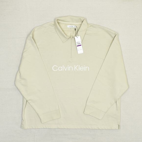New Calvin Klein Men's 1/4 Zip Pullover Sweater Collared Beige Size 2XL Cotton - Picture 2 of 8